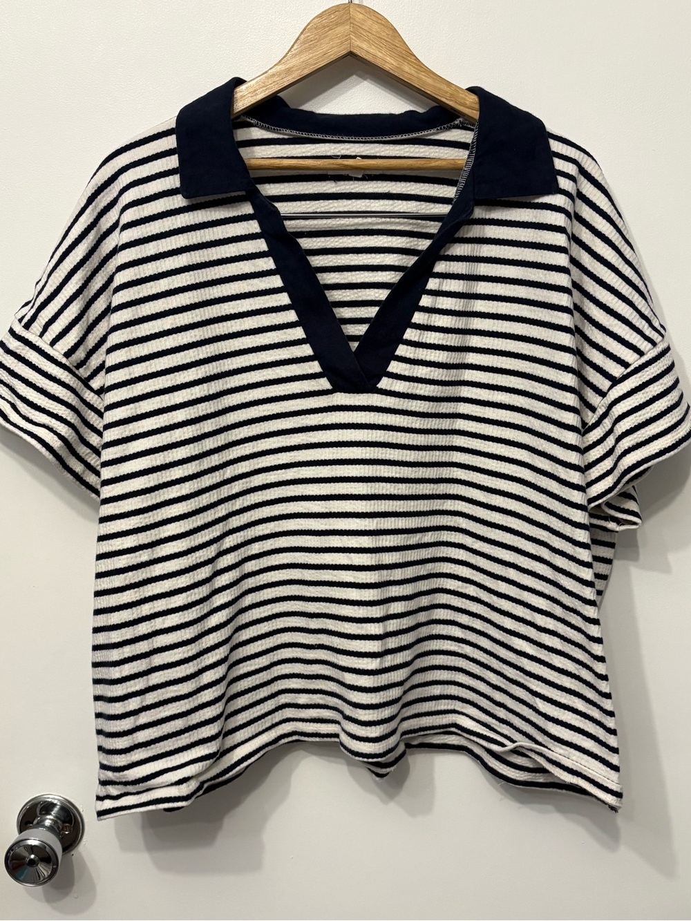 Maurice’s Boxy Striped Navy and White V-Neck Polo Top